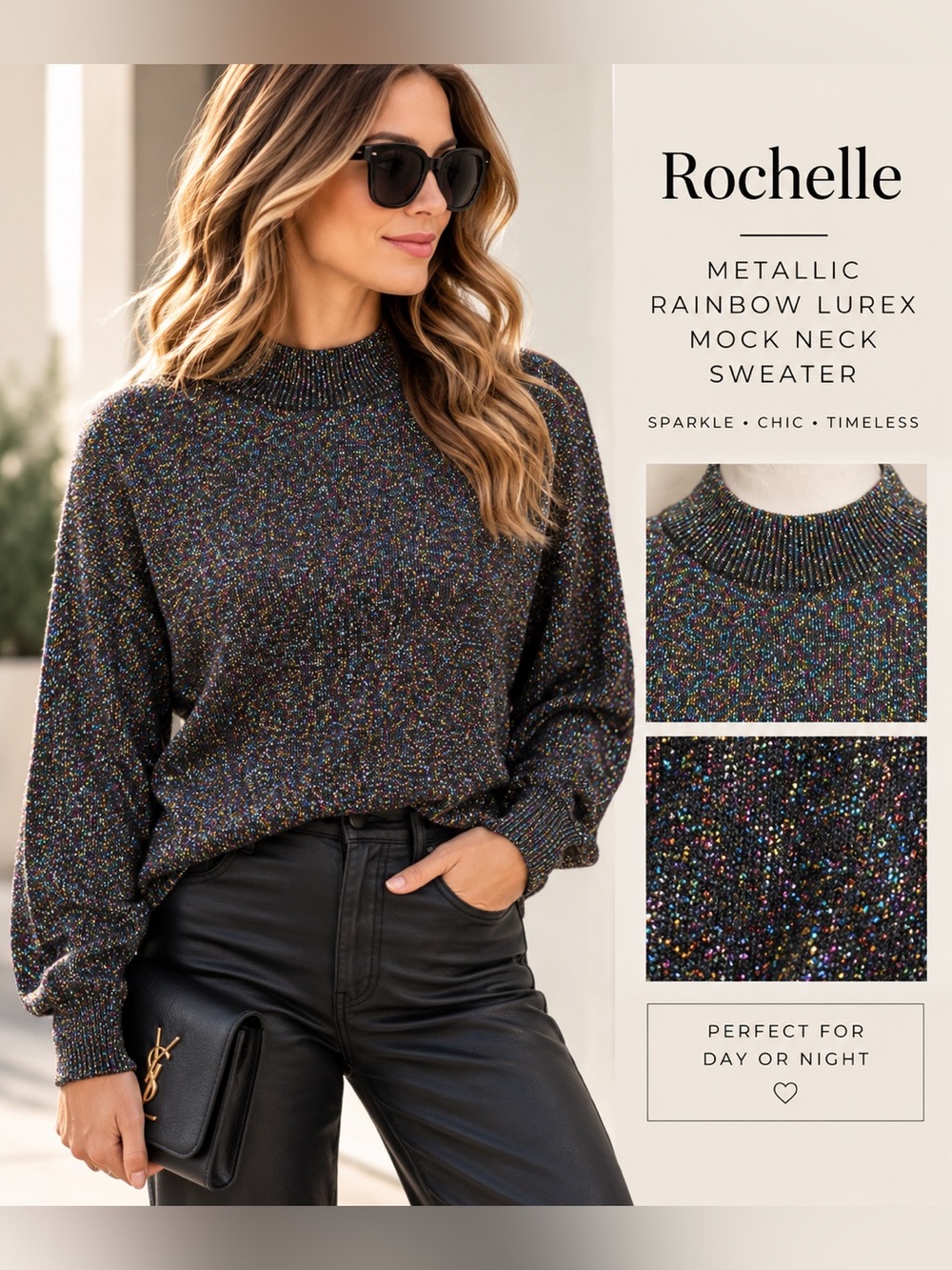 Ochetes Metallic Rainbow Lurex Mock Neck Sweater Size S Vintage Glam